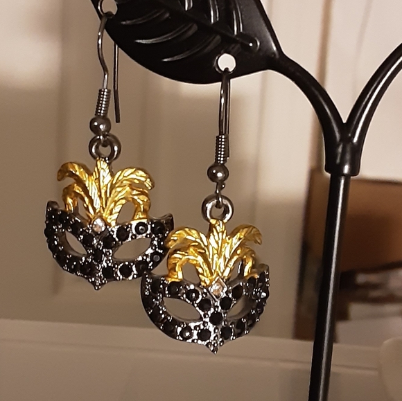 Hand Crafted Jewelry - Hand Crafted Masquerade Mask Earrings Black Gold Mardi Gras Pierced